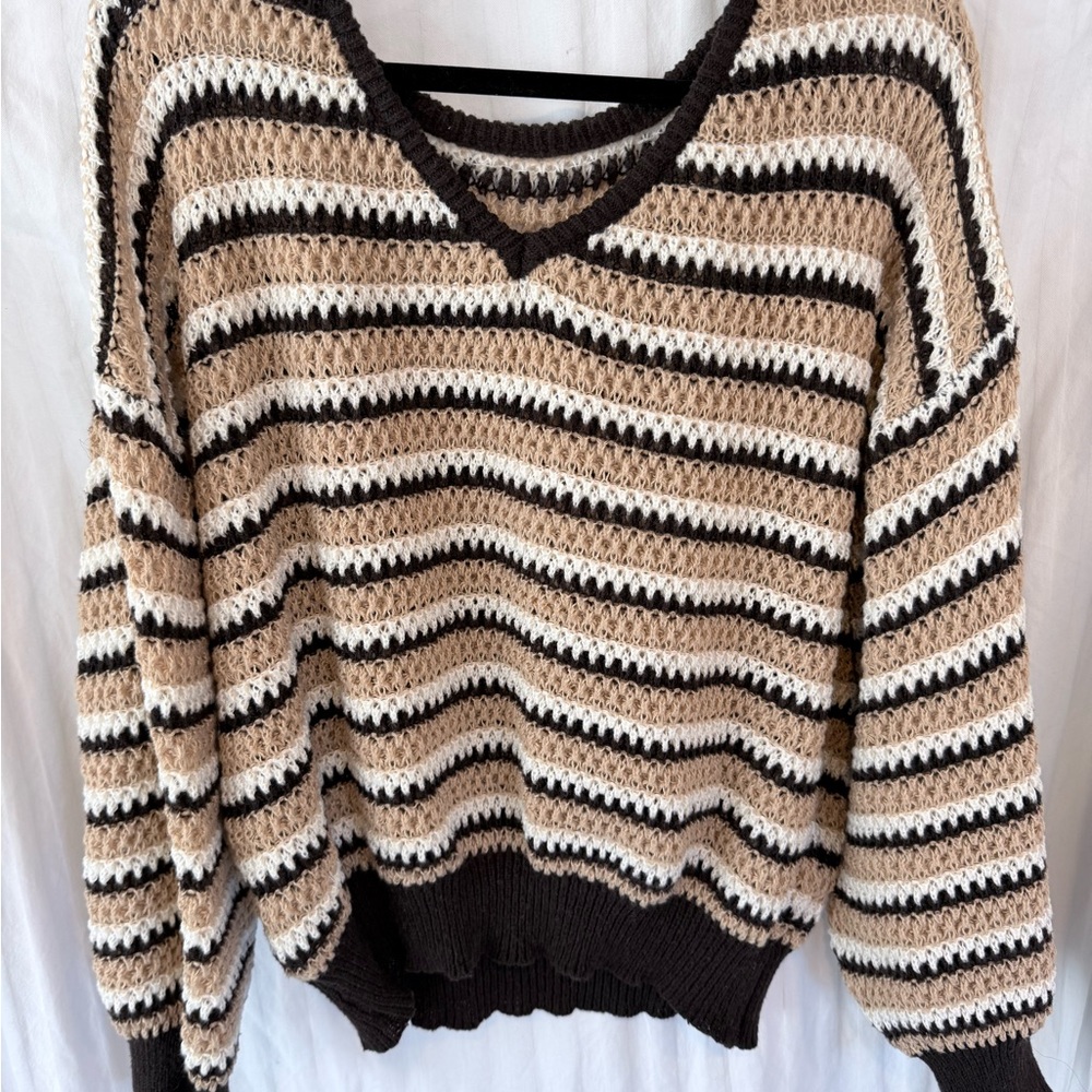 SHEIN Striped V-Neck Open-Knit Sweater in Beige, Black & Cream